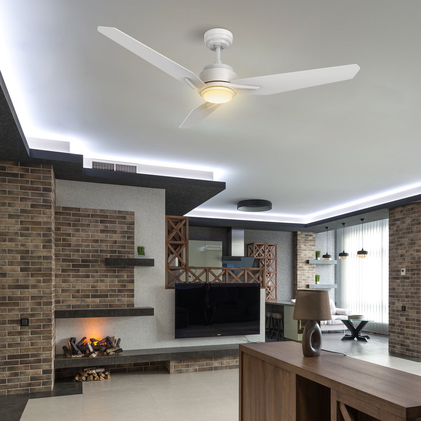 CALEN 48 In 3 Blade Smart Ceiling Fan With Integrated LED Lights With Google Home