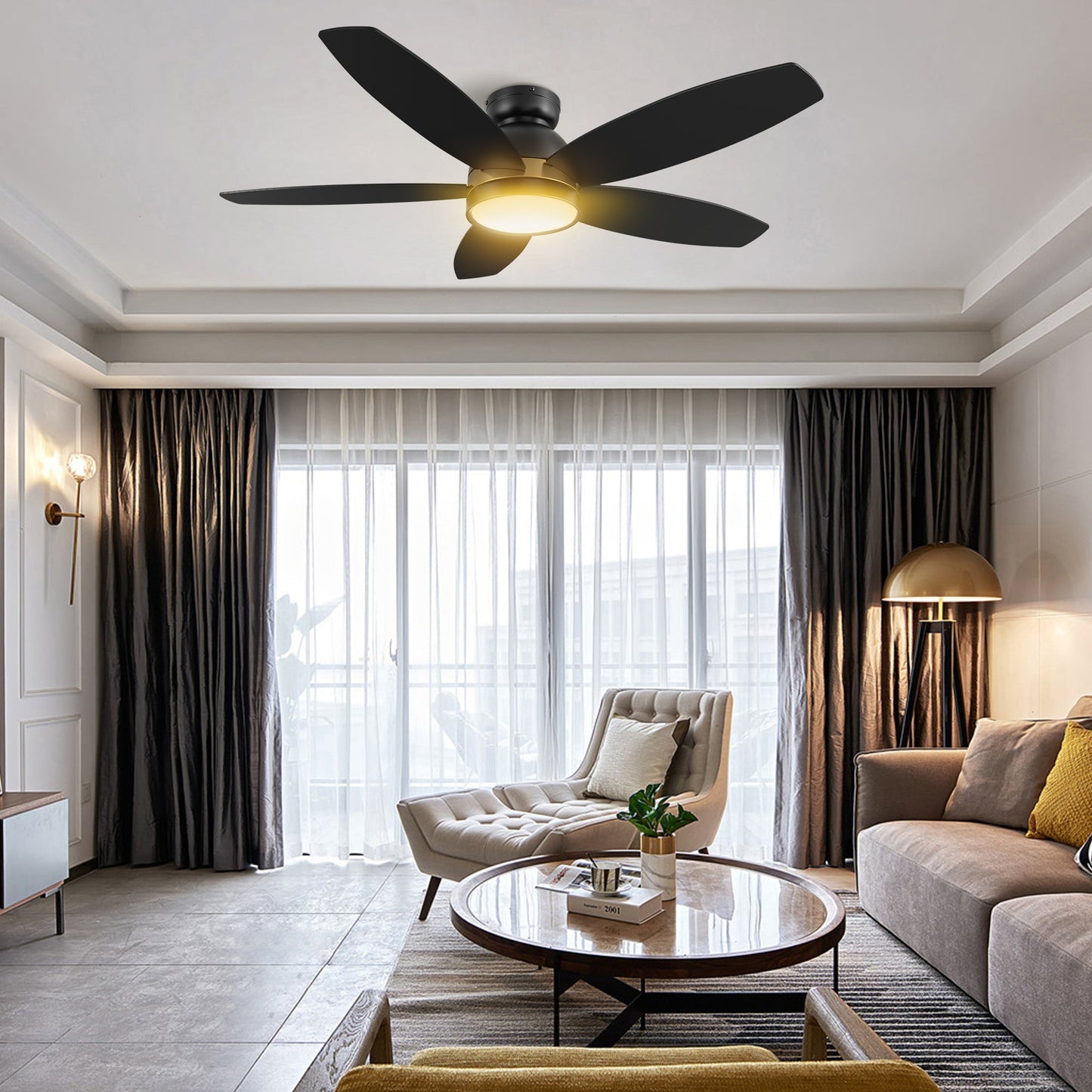 Granville 48 Inch 5 Blade Flush Mount Smart Ceiling Fan With Led Light Kit Remote Black Black Gold Detail