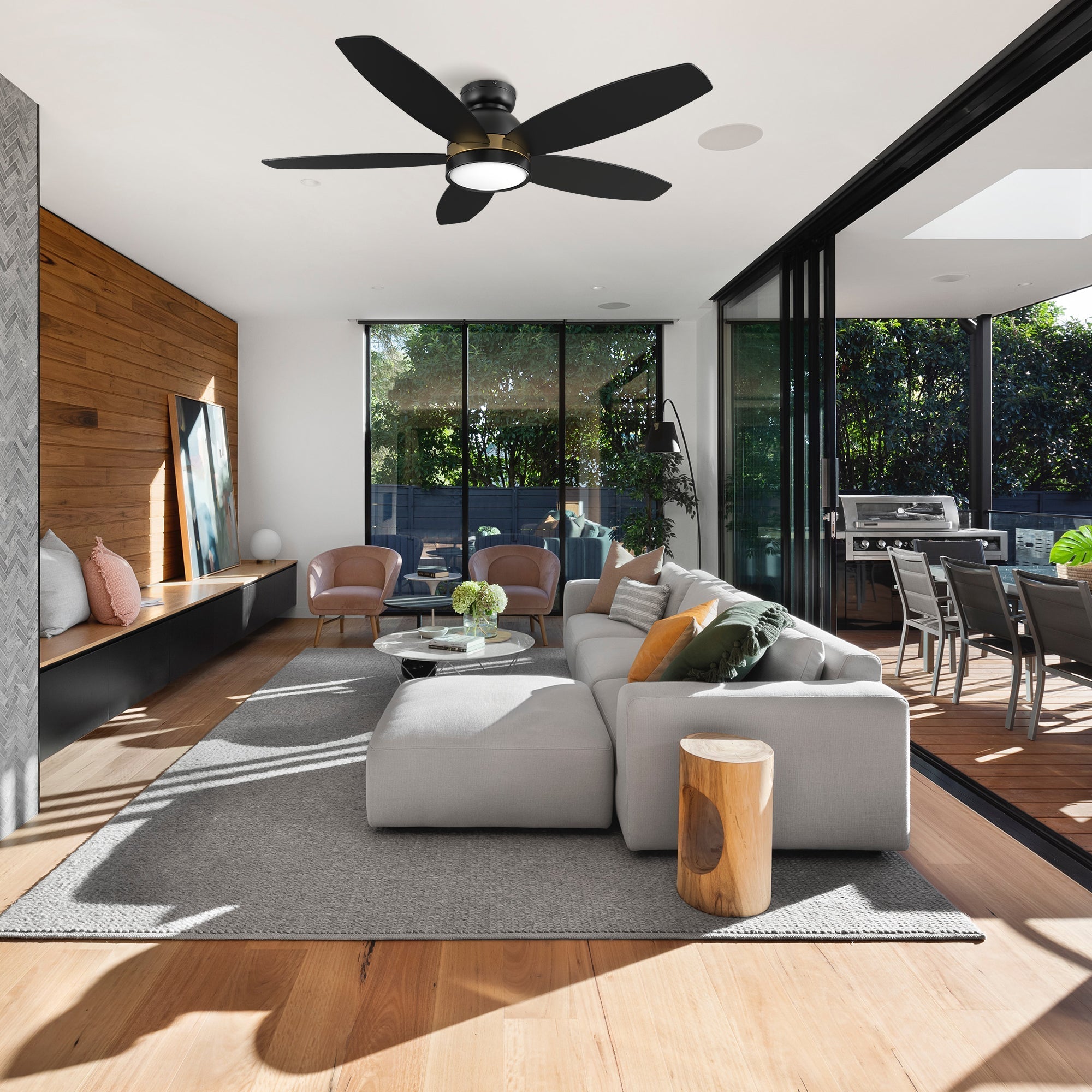 Granville 48 Inch 5 Blade Flush Mount Smart Ceiling Fan With Led Light Kit Remote Black Black Gold Detail