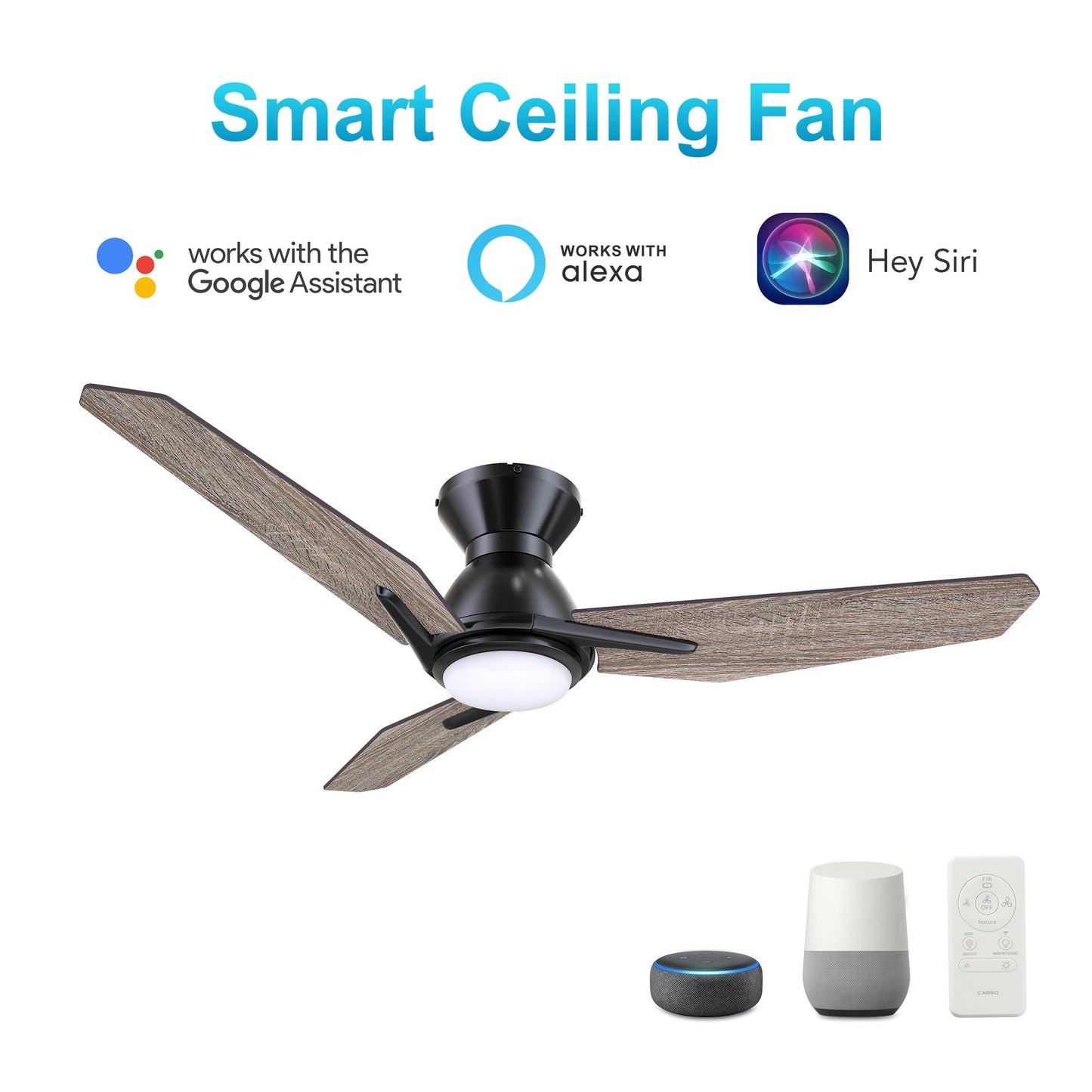 CALEN 52 In 3 Blade Smart Ceiling Fan With Integrated LED Lights With Google Home