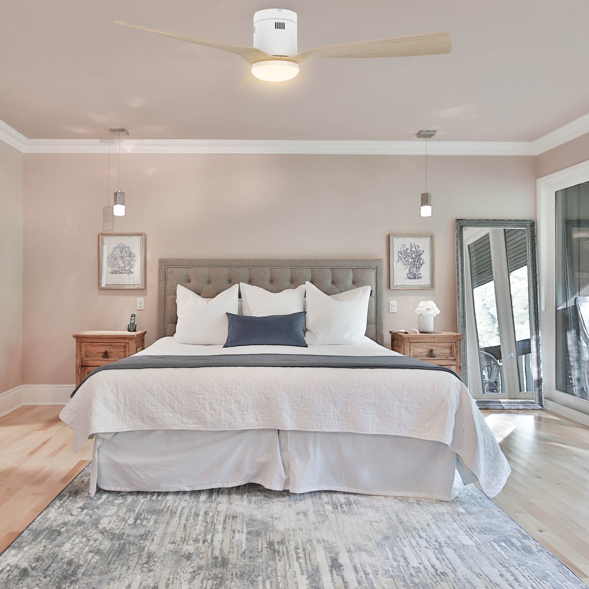 Spezia 52 Inch 3 Blade Flush Mount Smart Ceiling Fan With Led Light Kit Remote White Bamboo Wood