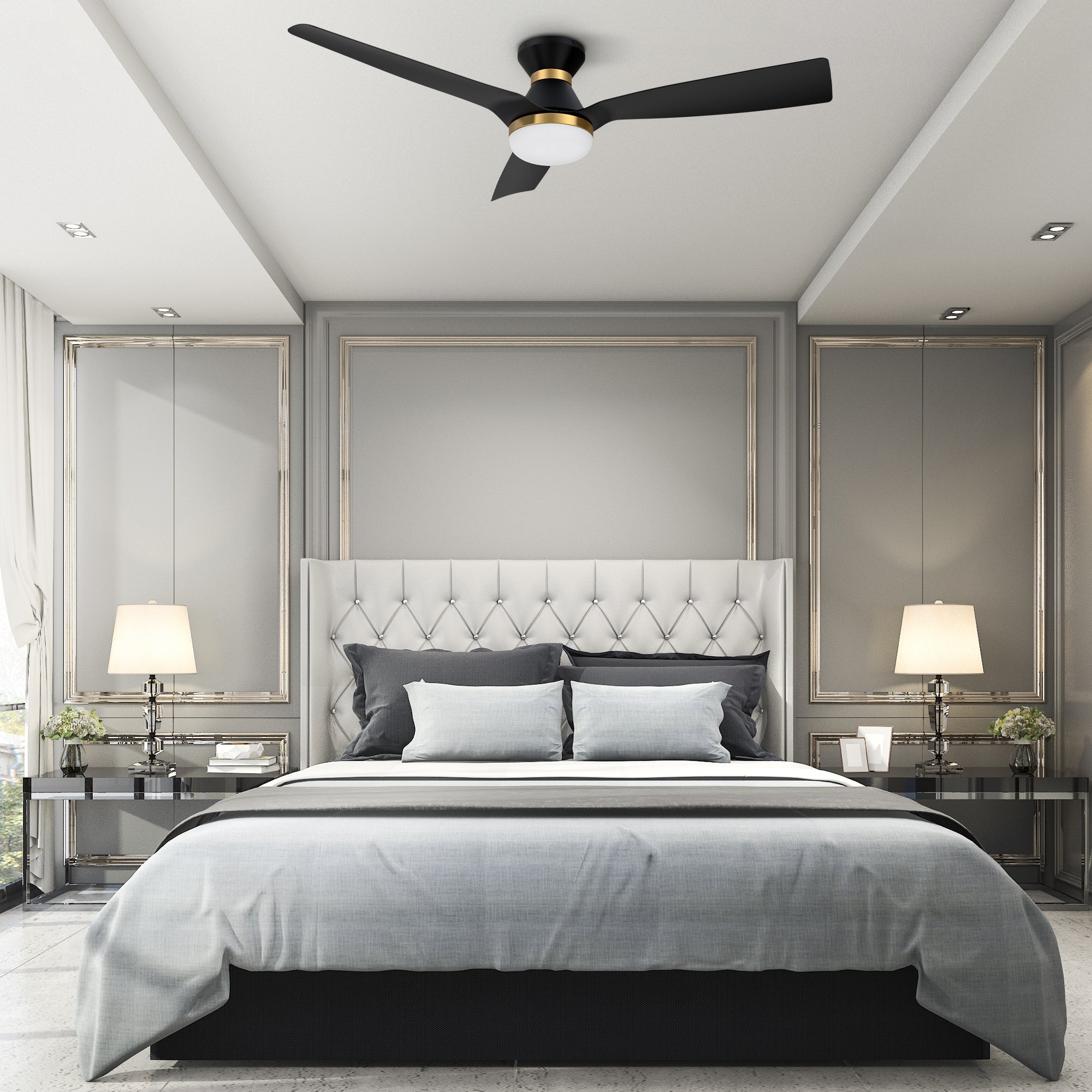 Spezia 52 Inch 3 Blade Flush Mount Smart Ceiling Fan With Led Light Kit Remote Black Black Gold Detail