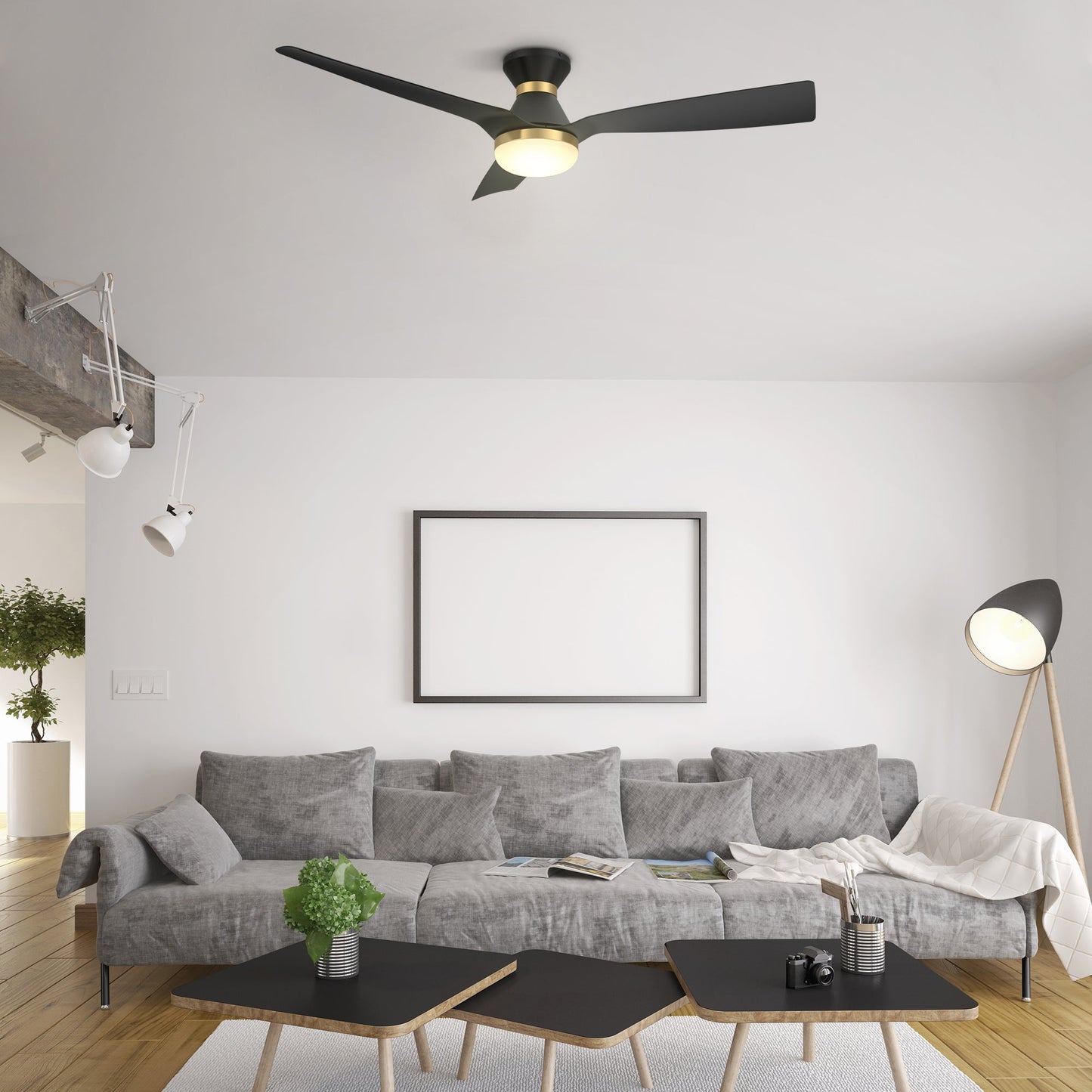 Spezia 52 Inch 3 Blade Flush Mount Smart Ceiling Fan With Led Light Kit Remote Black Black Gold Detail