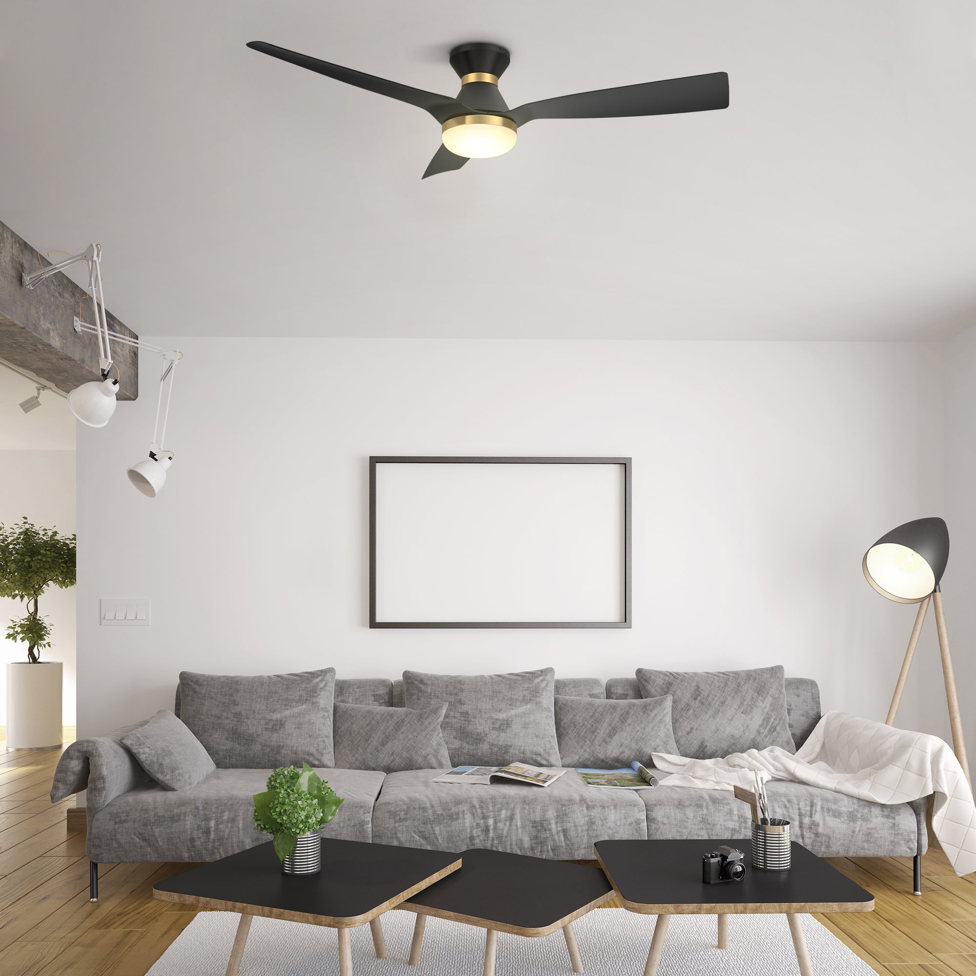 Spezia 52 Inch 3 Blade Flush Mount Smart Ceiling Fan With Led Light Kit Remote Black Black Gold Detail