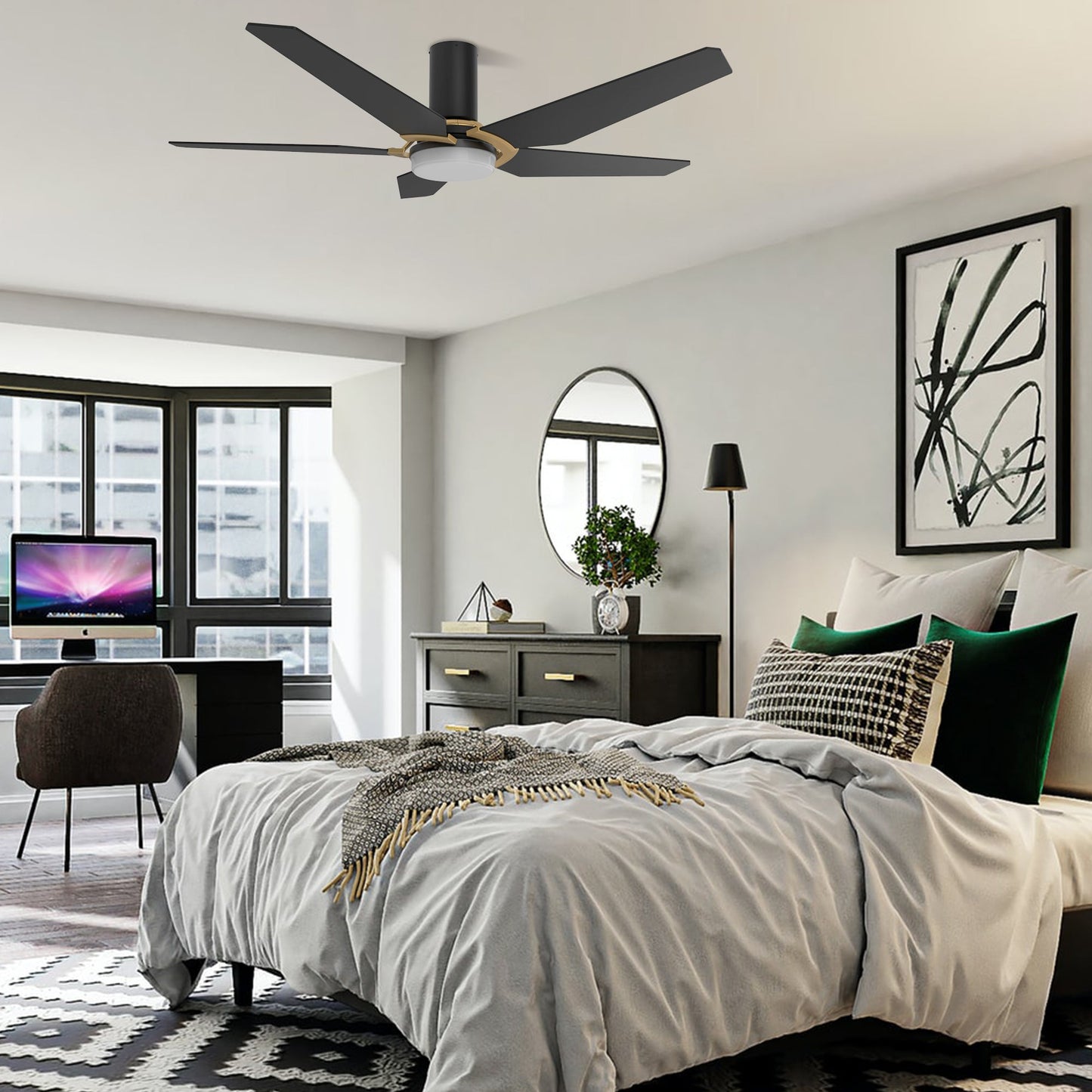 KAJ 52 inch 5-Blade Flush Mount Smart Ceiling Fan with LED Light & Remote