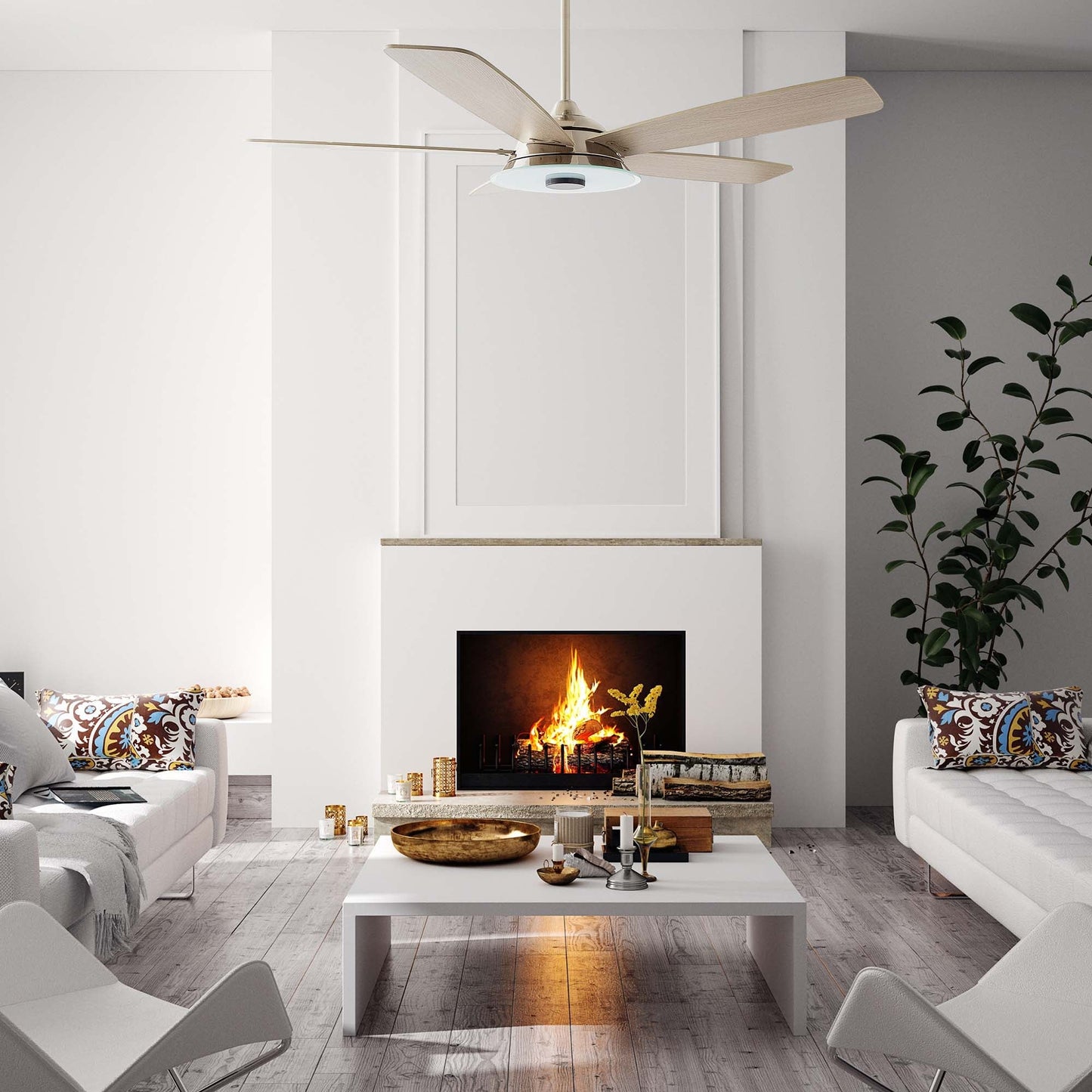 Journey 52 Inch 5 Blade Smart Ceiling Fan With Led Light Kit Remote Silver Light Wood