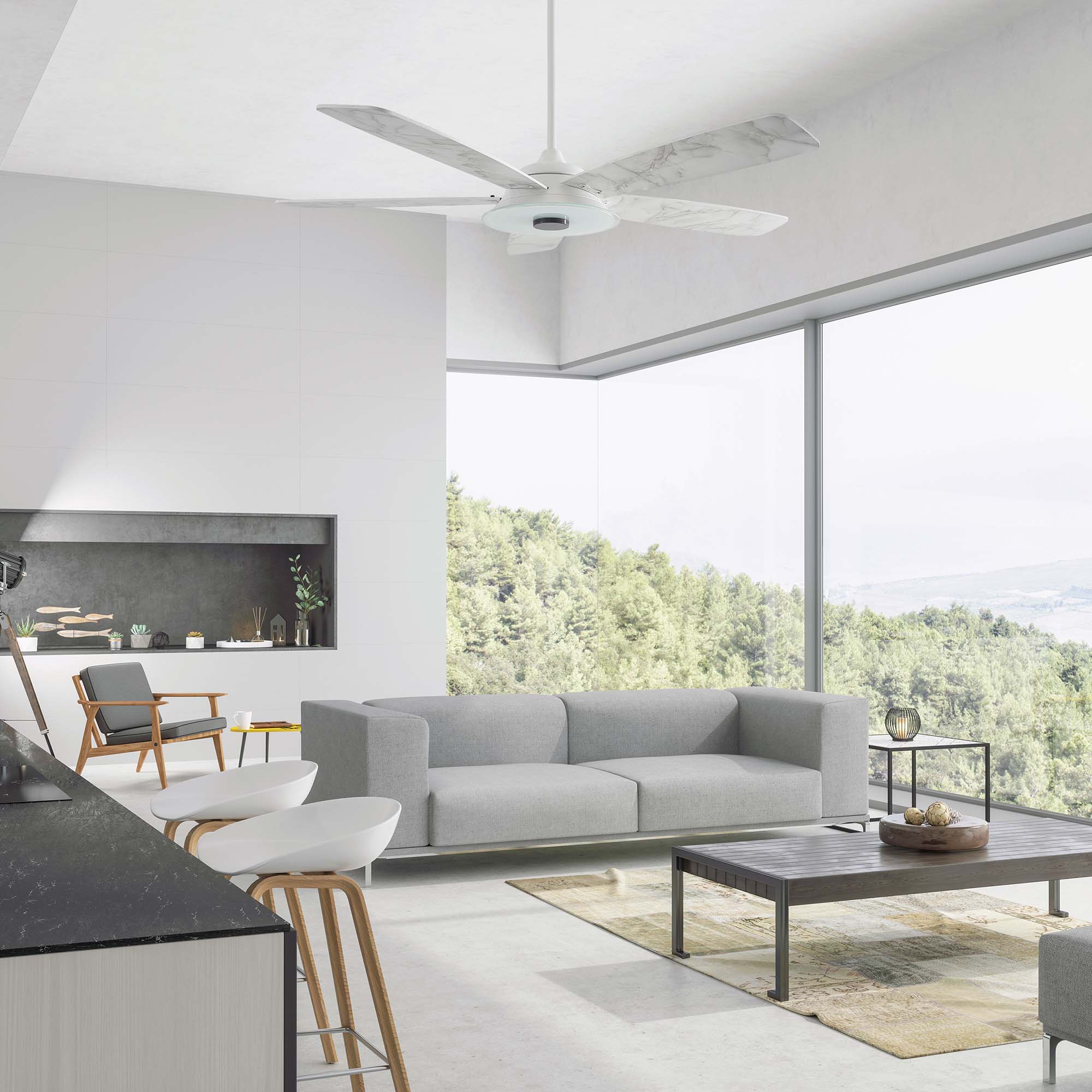 Journey 52 Inch 5 Blade Smart Ceiling Fan With Led Light Kit Remote White Marble Pattern