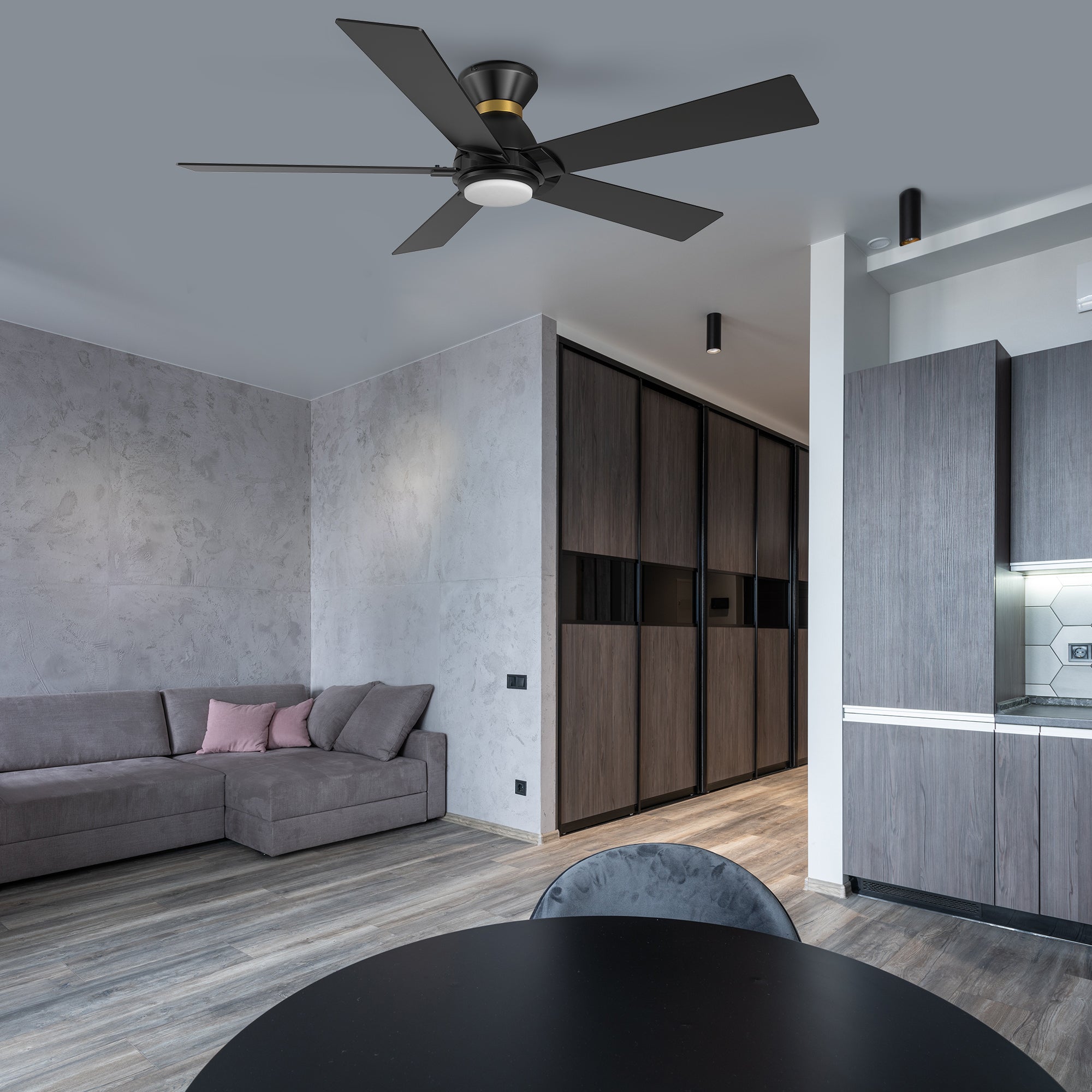 Ascender 52 Inch 5 Blade Flush Mount Smart Ceiling Fan With Led Light Remote Control Black Black Gold Rim