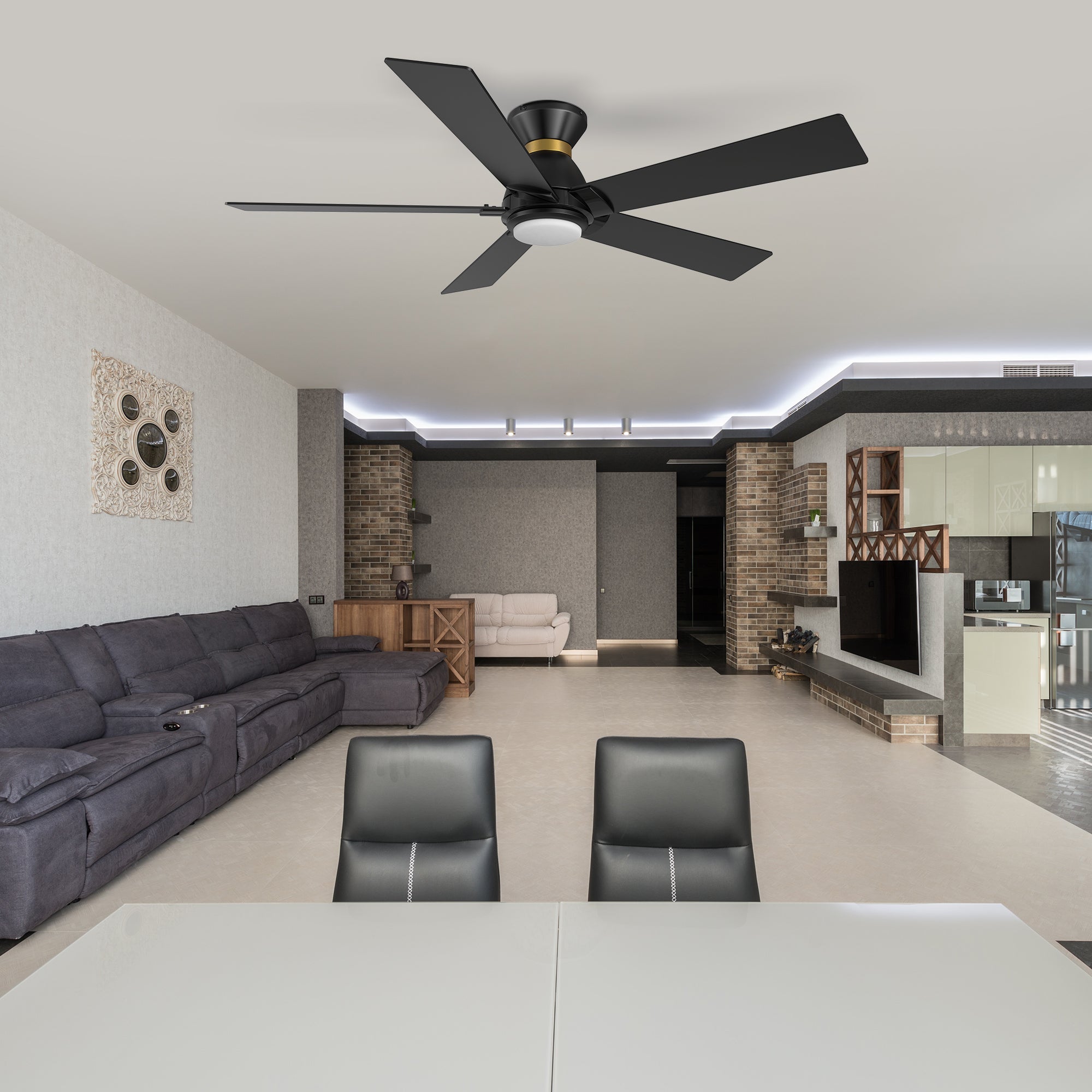 Ascender 52 Inch 5 Blade Flush Mount Smart Ceiling Fan With Led Light Remote Control Black Black Gold Rim