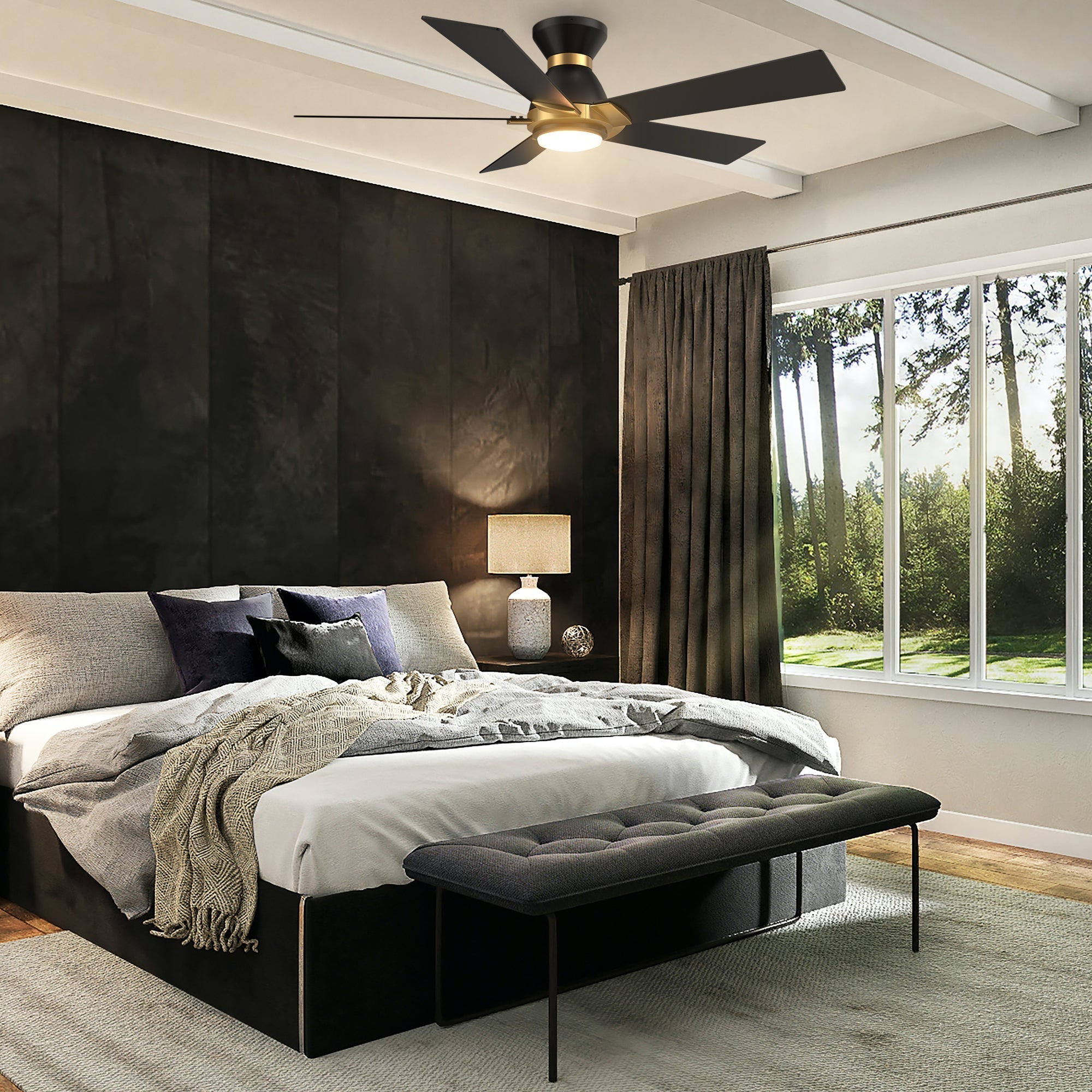 Ascender 52 Inch 5 Blade Flush Mount Smart Ceiling Fan With Led Light Remote Control Black Black Gold Rim