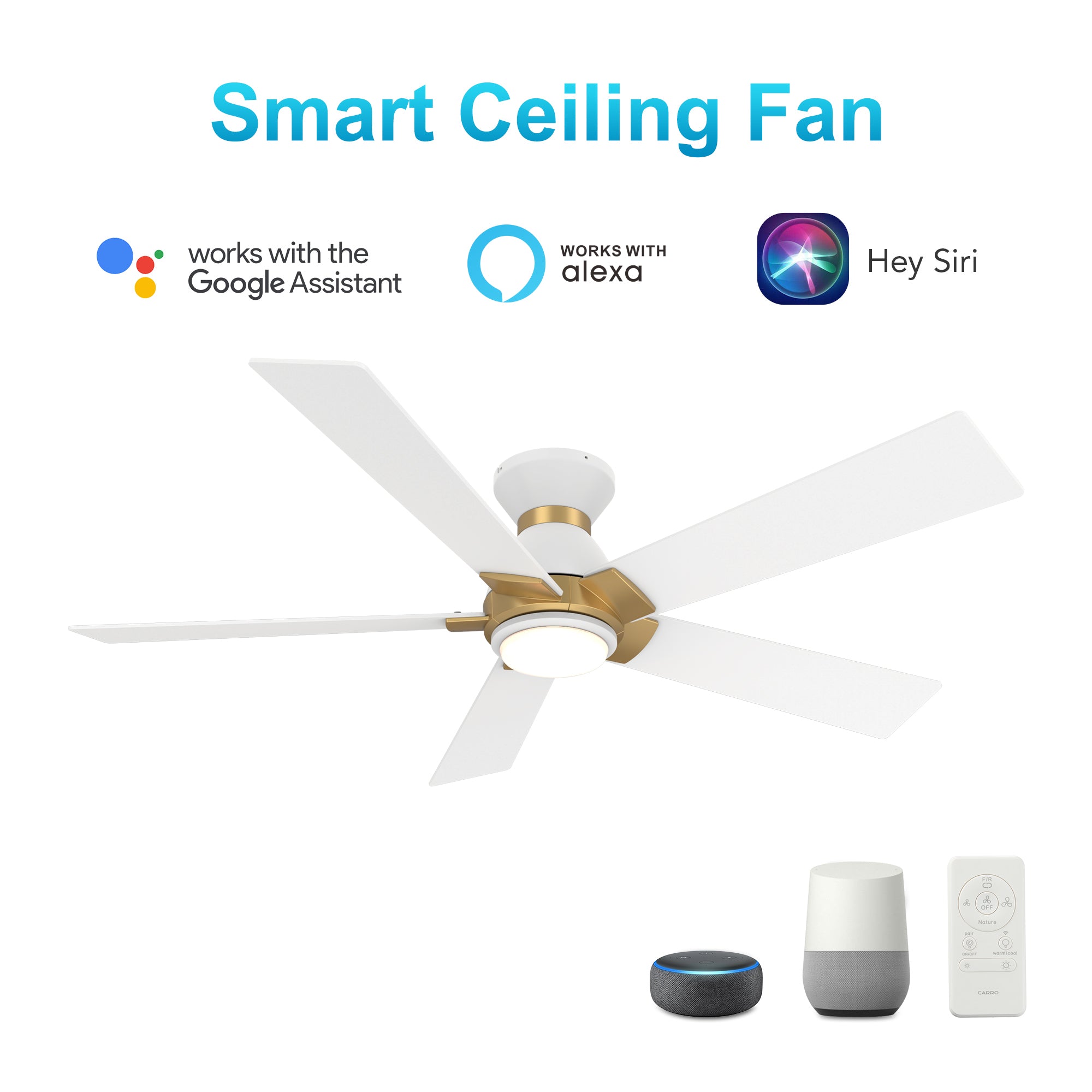 Ascender 52 Inch 5 Blade Flush Mount Smart Ceiling Fan With Led Light Remote Control Black Black Gold Rim