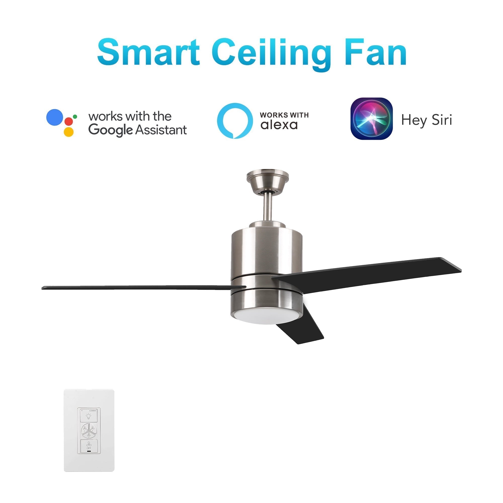 Raiden 52" In. Silver/Black & Light Wood 3 Blade Smart Ceiling Fan with LED Light Kit Works with Led Light Kit & Smart Wall Switch