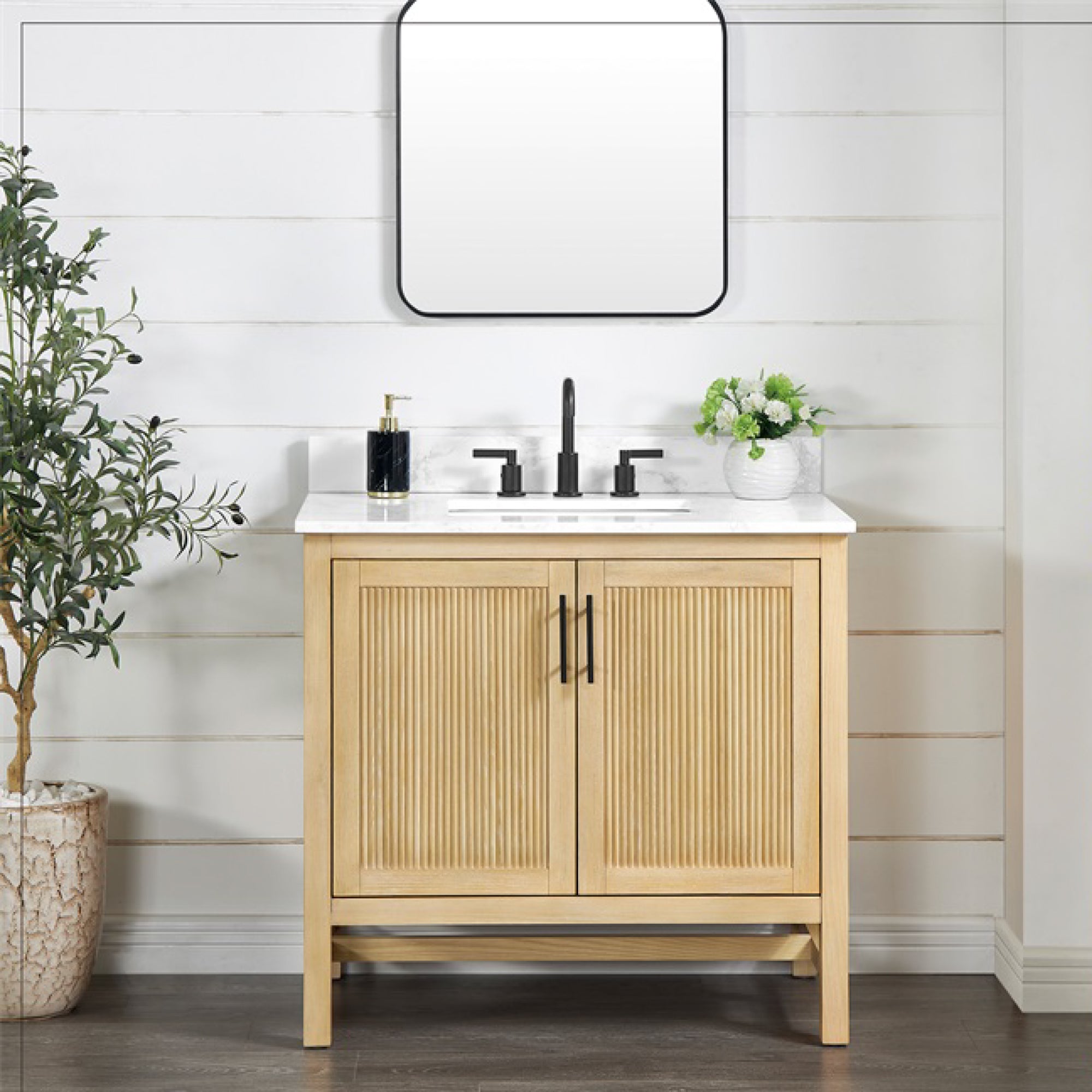 Blunt Light Teak Freestanding Solid Wood Bathroom Vanity Cabinet without Top