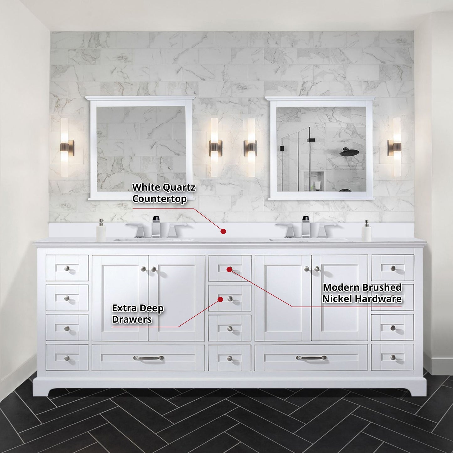 Dukes 84" White Double Vanity, White Quartz Top, White Square Sinks and 34" Mirrors w/ Faucets