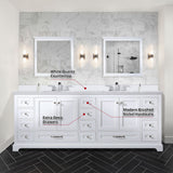 Dukes 84" White Double Vanity, White Quartz Top, White Square Sinks and 34" Mirrors w/ Faucets