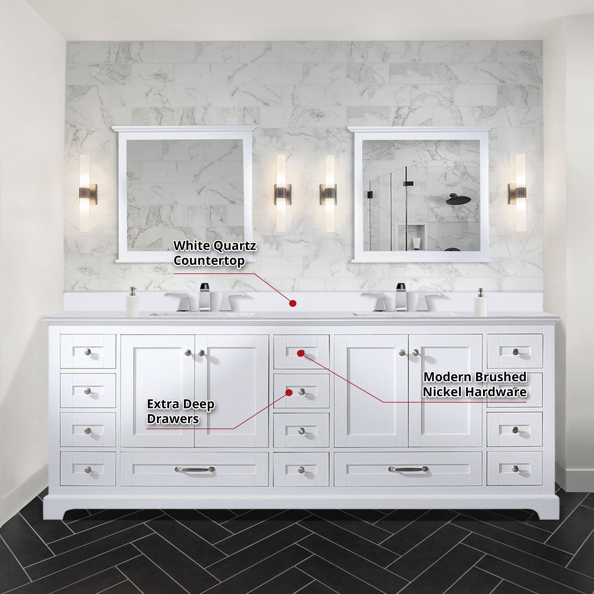 Dukes 84" White Double Vanity, White Quartz Top, White Square Sinks and 34" Mirrors w/ Faucets