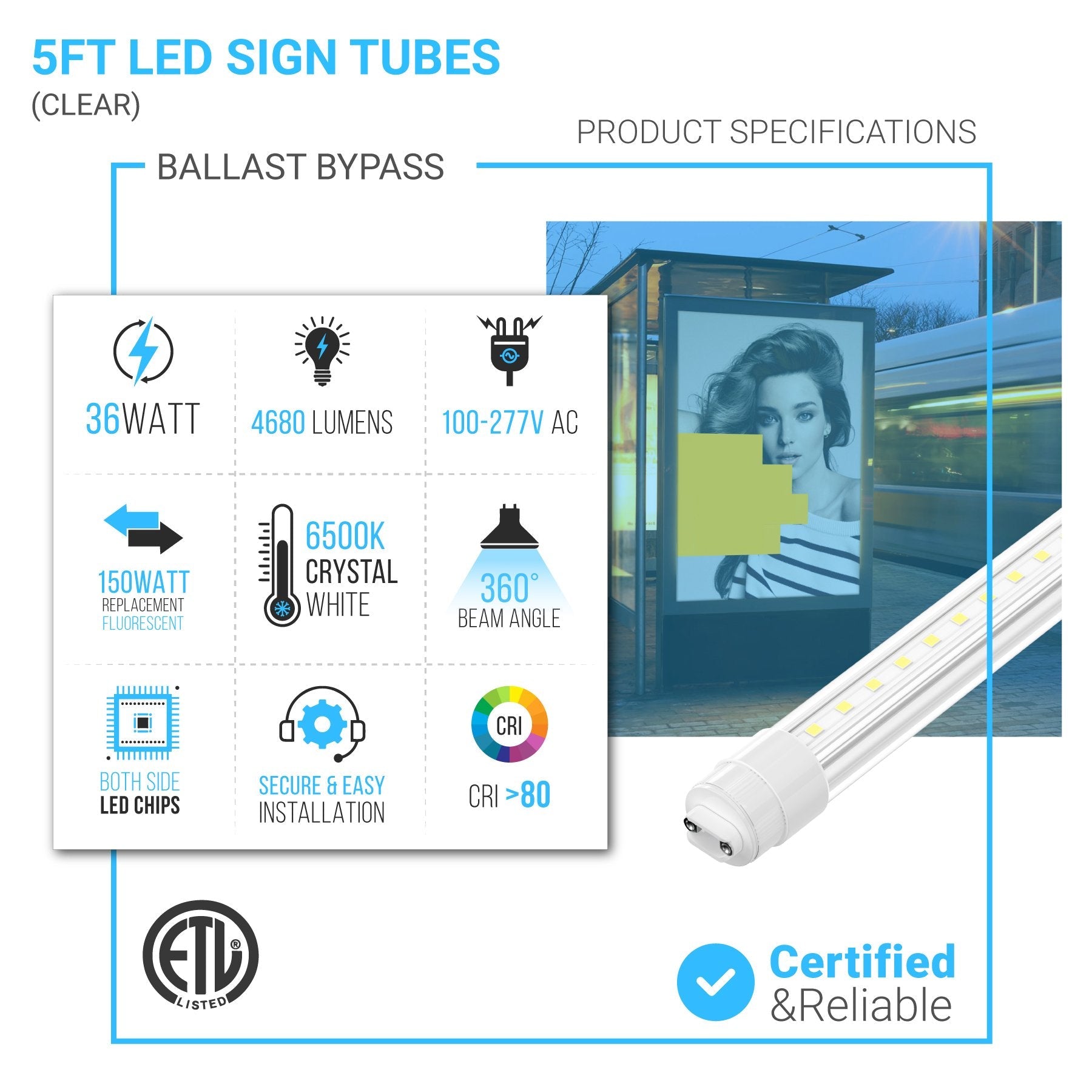 T8 LED Sign Tubes with R17 Base, Work without Ballast, 360 Degree Advertisement Lighting, LED Outdoor Tubes For Double Sided Signs
