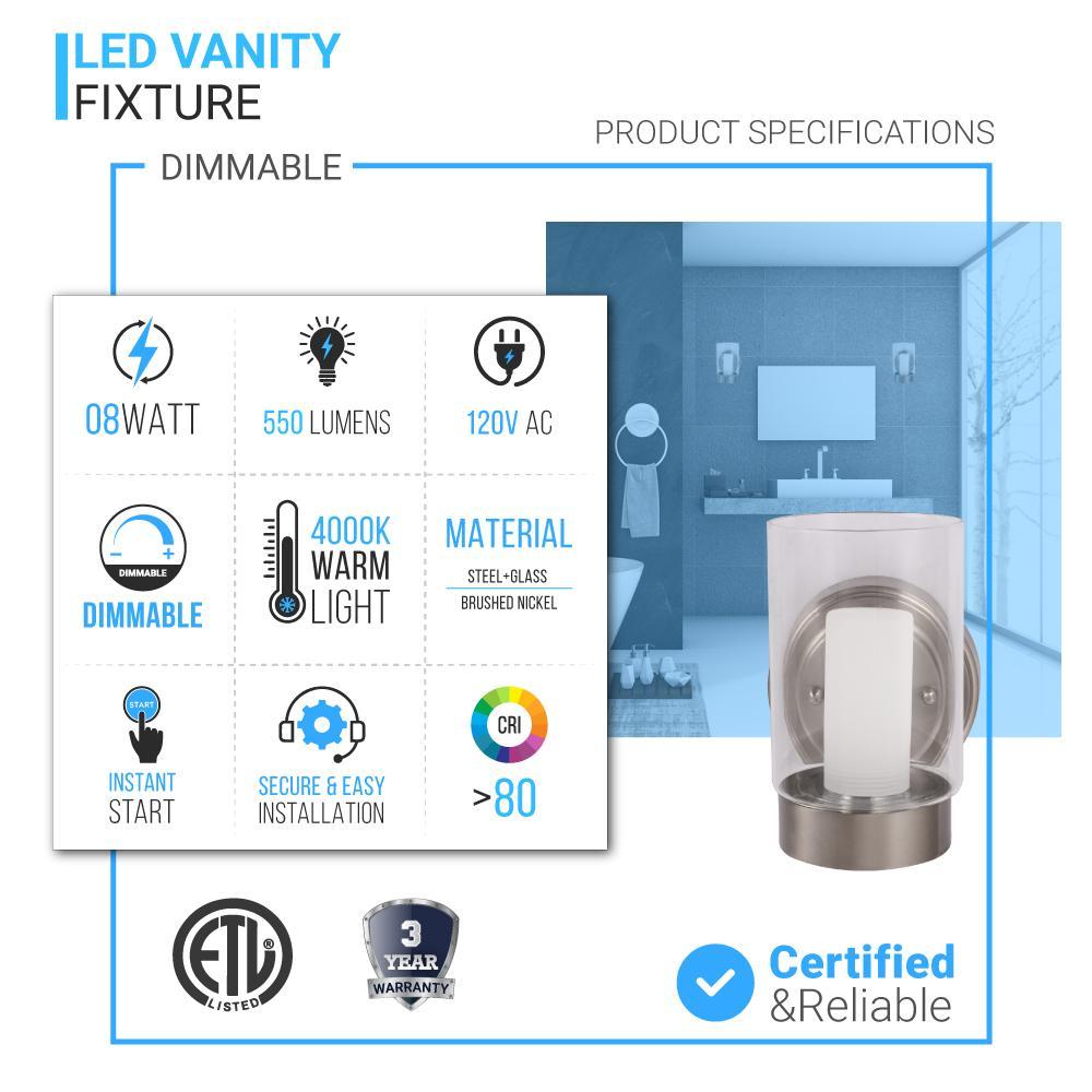 Bathroom Light Fixtures, 4000K, Dimmable, Brushed Nickel Finish,  Wall Mount, Damp Location, Vanity Lighting