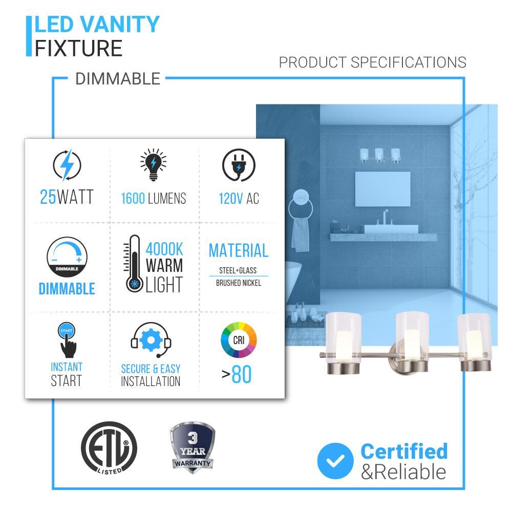 Bathroom Light Fixtures, 4000K, Dimmable, Brushed Nickel Finish,  Wall Mount, Damp Location, Vanity Lighting