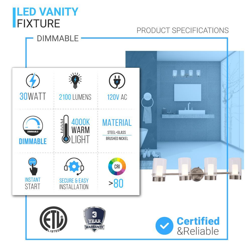 Bathroom Light Fixtures, 4000K, Dimmable, Brushed Nickel Finish,  Wall Mount, Damp Location, Vanity Lighting