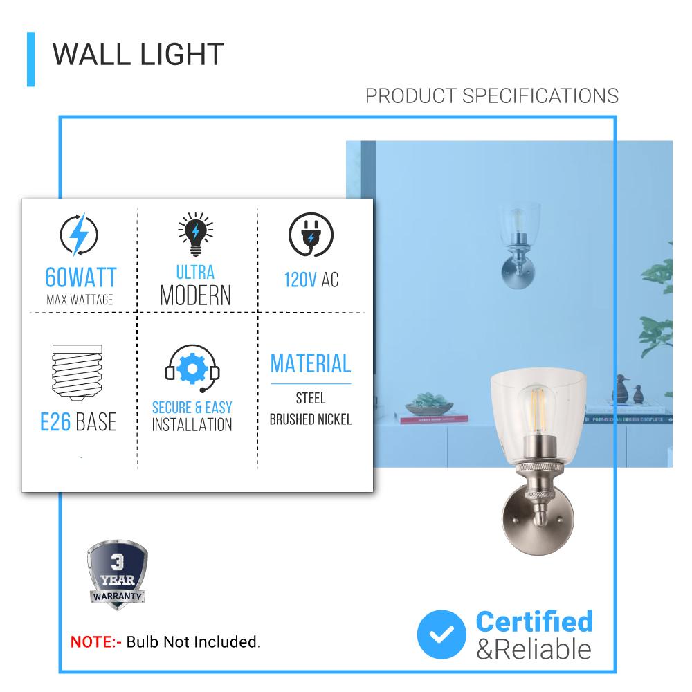 Bell Shape Wall Sconce Lighting Fixture, Brushed Nickel Finish, E26 Base, UL Listed for Dry Location, 3 Years Warranty