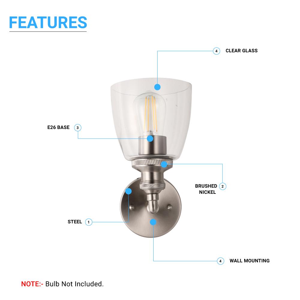 Bell Shape Wall Sconce Lighting Fixture, Brushed Nickel Finish, E26 Base, UL Listed for Dry Location, 3 Years Warranty