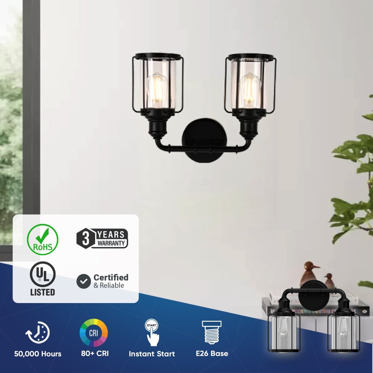Birdcage Shape Bathroom Light Fixtures, Wall Mount, Matte Black with Clear Glass Shade, 1-Light/2-Light/3-Light, E26 Base, For Damp Locations, Vanity Lighting