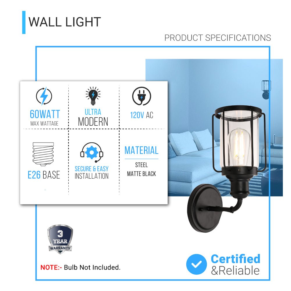 Birdcage Shape Bathroom Light Fixtures, Wall Mount, Matte Black with Clear Glass Shade, 1-Light/2-Light/3-Light, E26 Base, For Damp Locations, Vanity Lighting