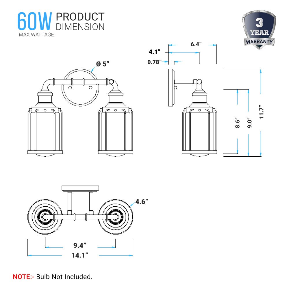 Birdcage Shape Bathroom Light Fixtures, Wall Mount, Matte Black with Clear Glass Shade, 1-Light/2-Light/3-Light, E26 Base, For Damp Locations, Vanity Lighting