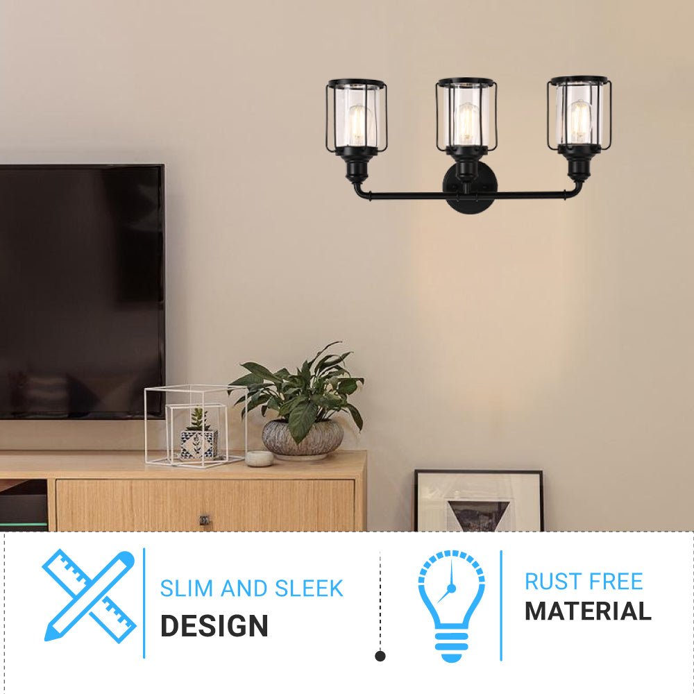 Birdcage Shape Bathroom Light Fixtures, Wall Mount, Matte Black with Clear Glass Shade, 1-Light/2-Light/3-Light, E26 Base, For Damp Locations, Vanity Lighting