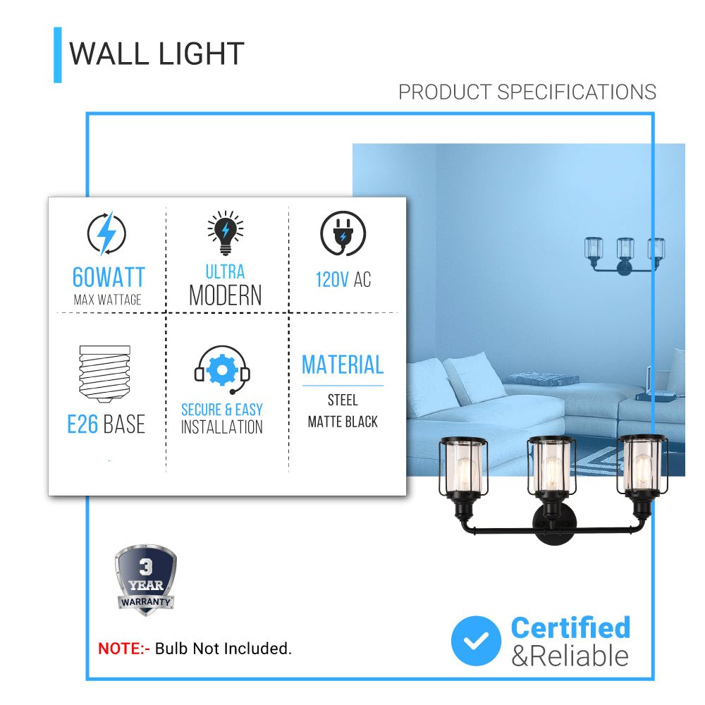 Birdcage Shape Bathroom Light Fixtures, Wall Mount, Matte Black with Clear Glass Shade, 1-Light/2-Light/3-Light, E26 Base, For Damp Locations, Vanity Lighting