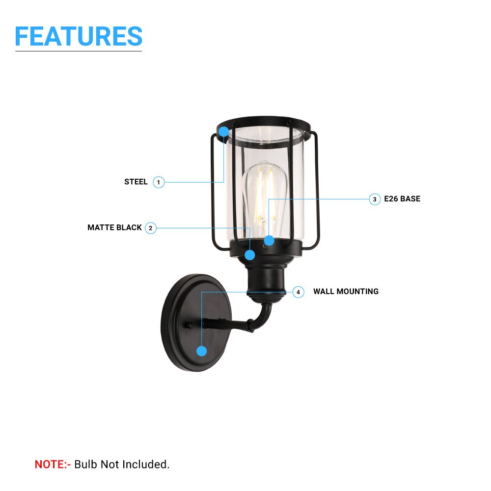 Birdcage Shape Bathroom Light Fixtures, Wall Mount, Matte Black with Clear Glass Shade, 1-Light/2-Light/3-Light, E26 Base, For Damp Locations, Vanity Lighting