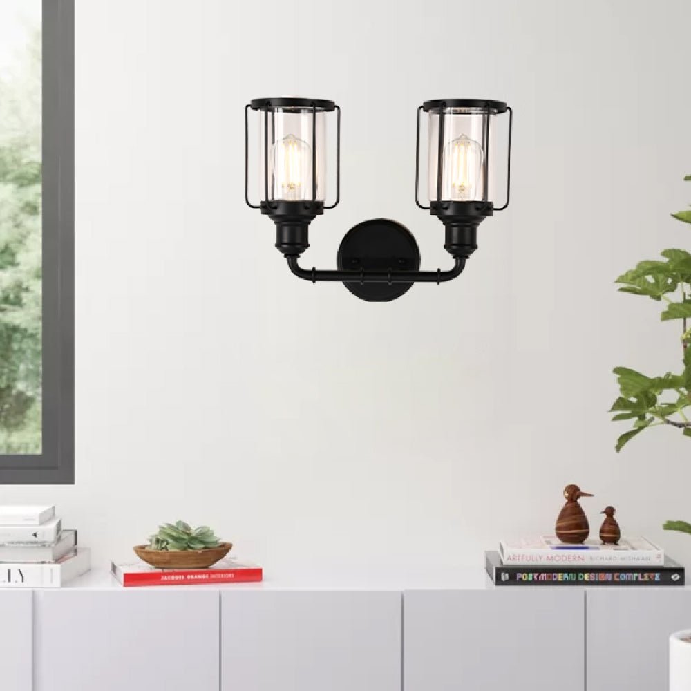 Birdcage Shape Bathroom Light Fixtures, Wall Mount, Matte Black with Clear Glass Shade, 1-Light/2-Light/3-Light, E26 Base, For Damp Locations, Vanity Lighting
