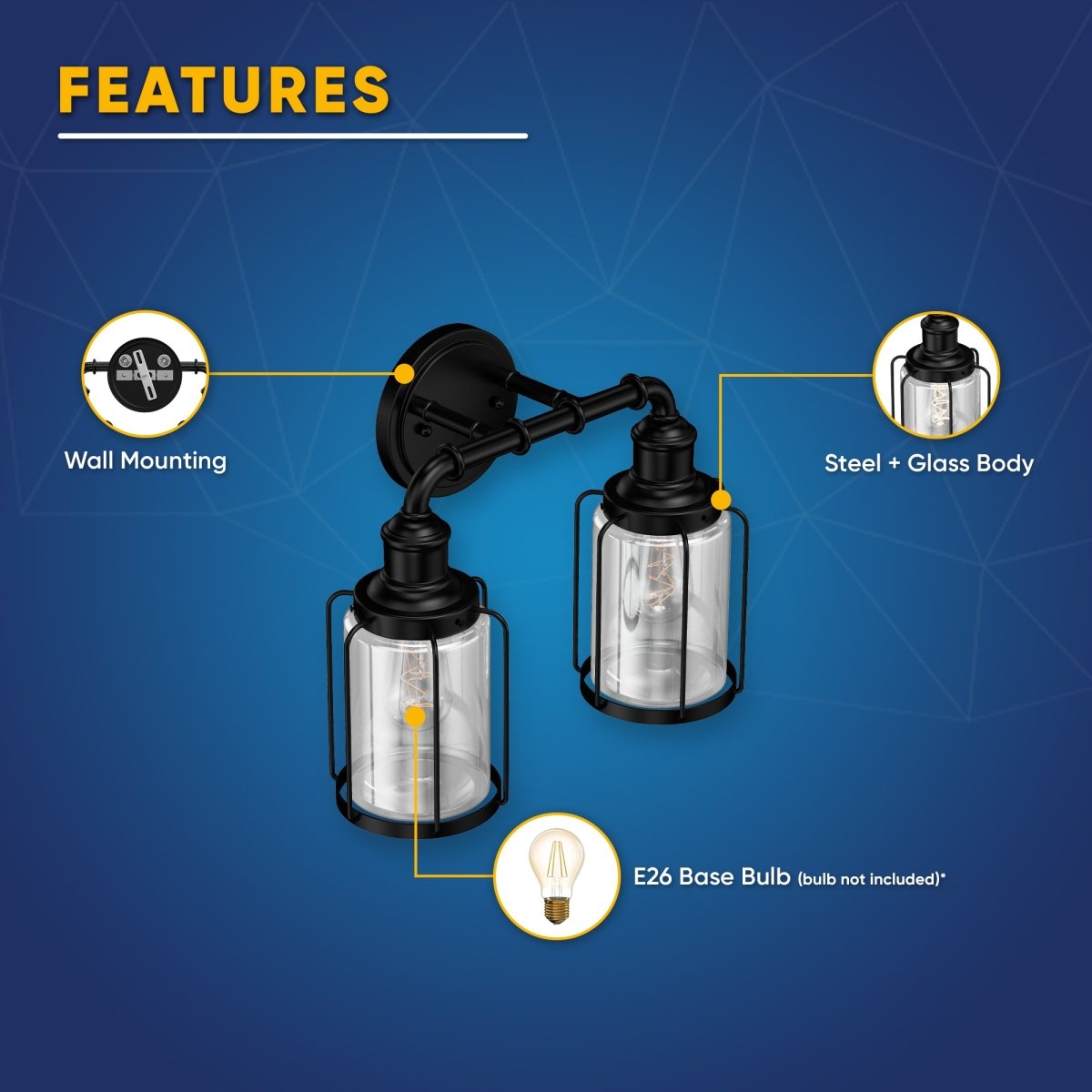 Birdcage Shape Bathroom Light Fixtures, Wall Mount, Matte Black with Clear Glass Shade, 1-Light/2-Light/3-Light, E26 Base, For Damp Locations, Vanity Lighting