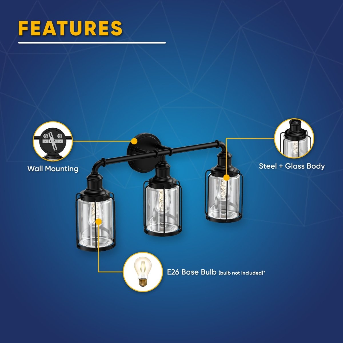 Birdcage Shape Bathroom Light Fixtures, Wall Mount, Matte Black with Clear Glass Shade, 1-Light/2-Light/3-Light, E26 Base, For Damp Locations, Vanity Lighting