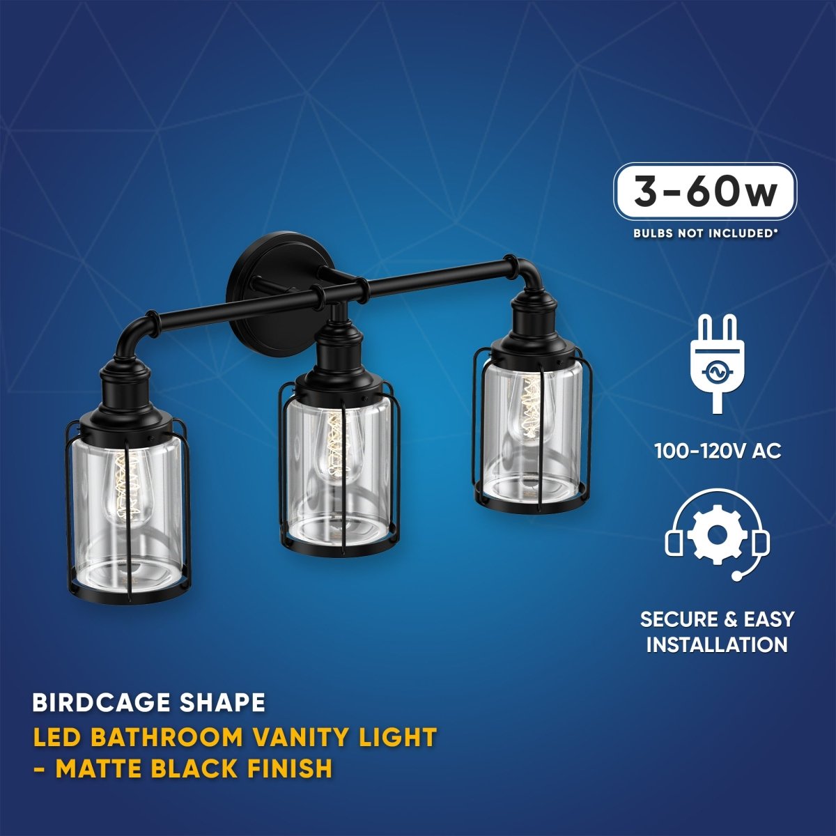 Birdcage Shape Bathroom Light Fixtures, Wall Mount, Matte Black with Clear Glass Shade, 1-Light/2-Light/3-Light, E26 Base, For Damp Locations, Vanity Lighting