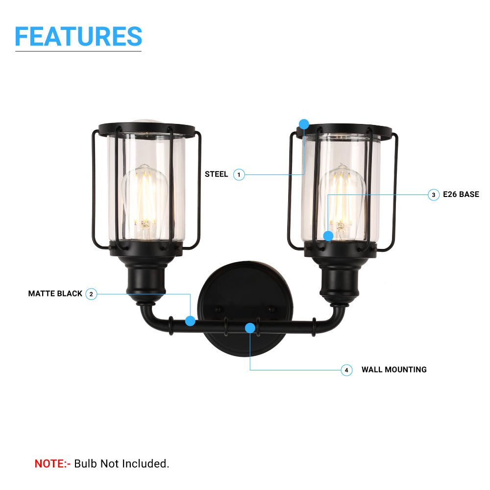 Birdcage Shape Bathroom Light Fixtures, Wall Mount, Matte Black with Clear Glass Shade, 1-Light/2-Light/3-Light, E26 Base, For Damp Locations, Vanity Lighting