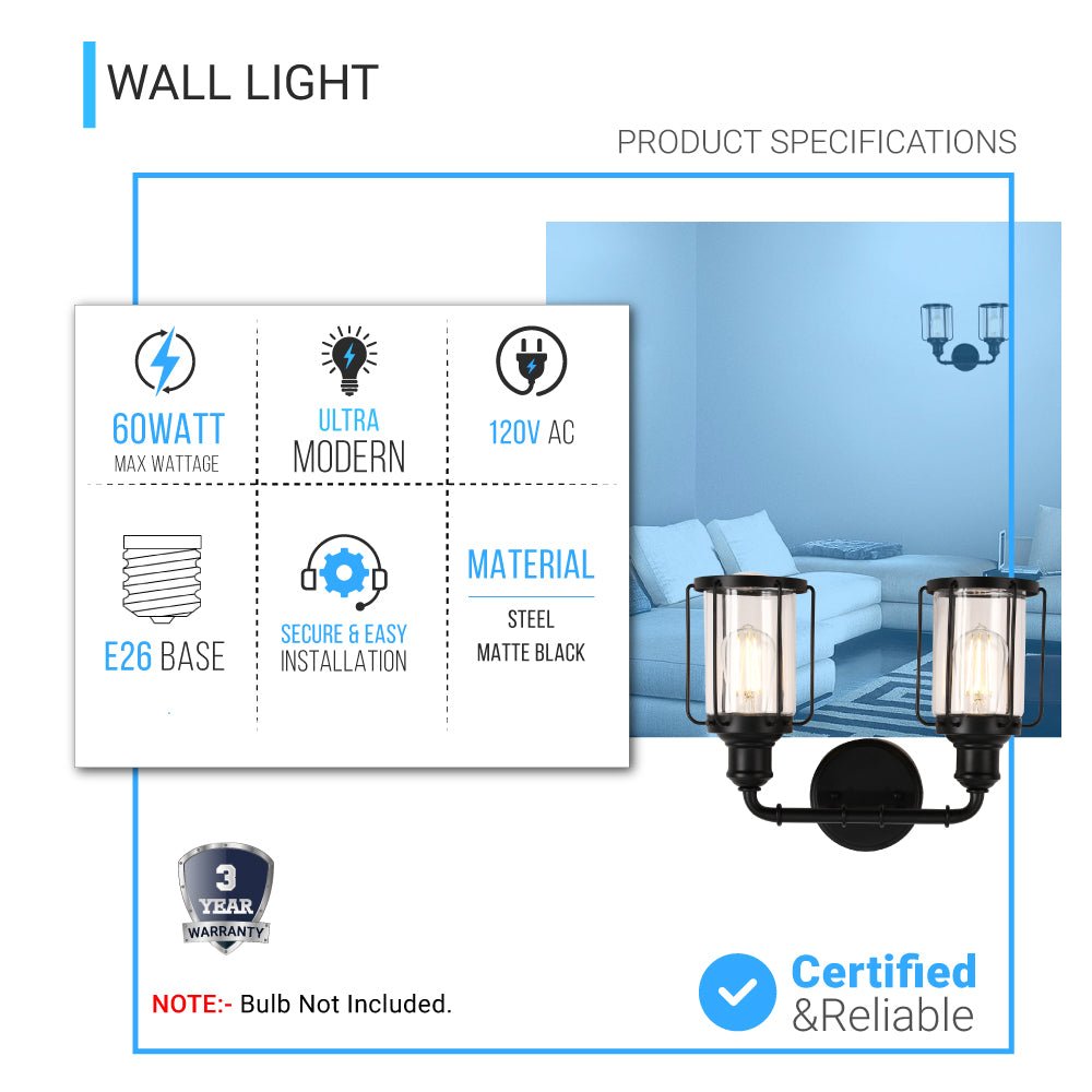 Birdcage Shape Bathroom Light Fixtures, Wall Mount, Matte Black with Clear Glass Shade, 1-Light/2-Light/3-Light, E26 Base, For Damp Locations, Vanity Lighting