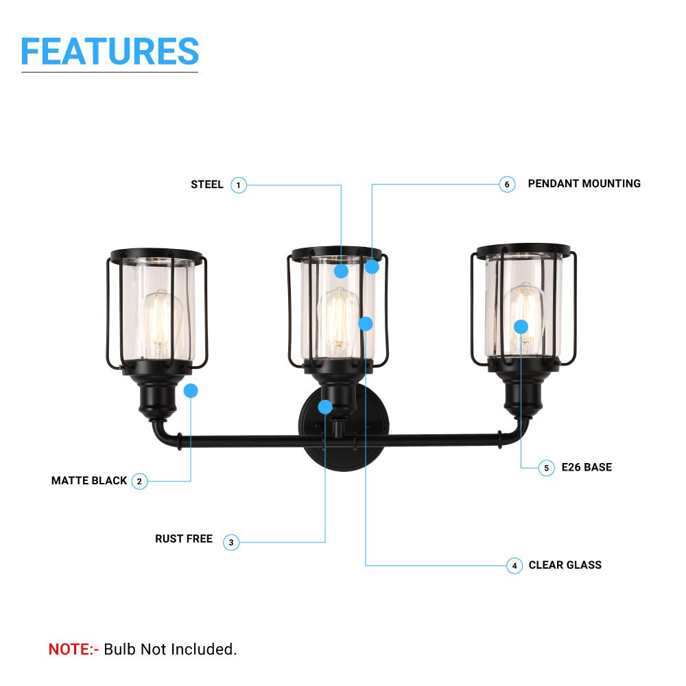 Birdcage Shape Bathroom Light Fixtures, Wall Mount, Matte Black with Clear Glass Shade, 1-Light/2-Light/3-Light, E26 Base, For Damp Locations, Vanity Lighting