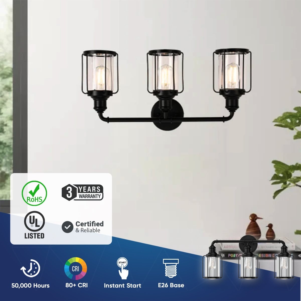 Birdcage Shape Bathroom Light Fixtures, Wall Mount, Matte Black with Clear Glass Shade, 1-Light/2-Light/3-Light, E26 Base, For Damp Locations, Vanity Lighting