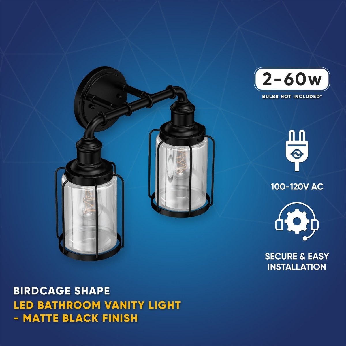 Birdcage Shape Bathroom Light Fixtures, Wall Mount, Matte Black with Clear Glass Shade, 1-Light/2-Light/3-Light, E26 Base, For Damp Locations, Vanity Lighting