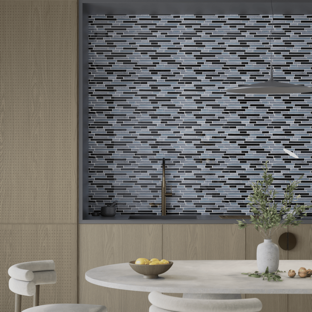Black Timber Random Strip Glass Slate Blend Mosaic