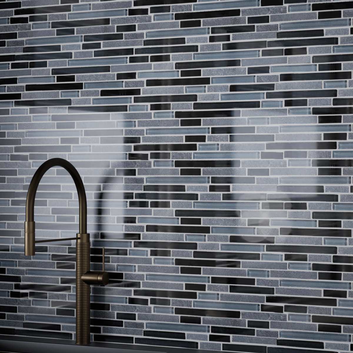 Black Timber Random Strip Glass Slate Blend Mosaic