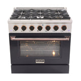 KUCHT Professional 36 in. 5.2 cu. ft. Dual Fuel Range for Propane Gas with Sealed Burners and Convection Oven in Stainless Steel with Black Oven Door Black Knobs and Gold Knob Rings