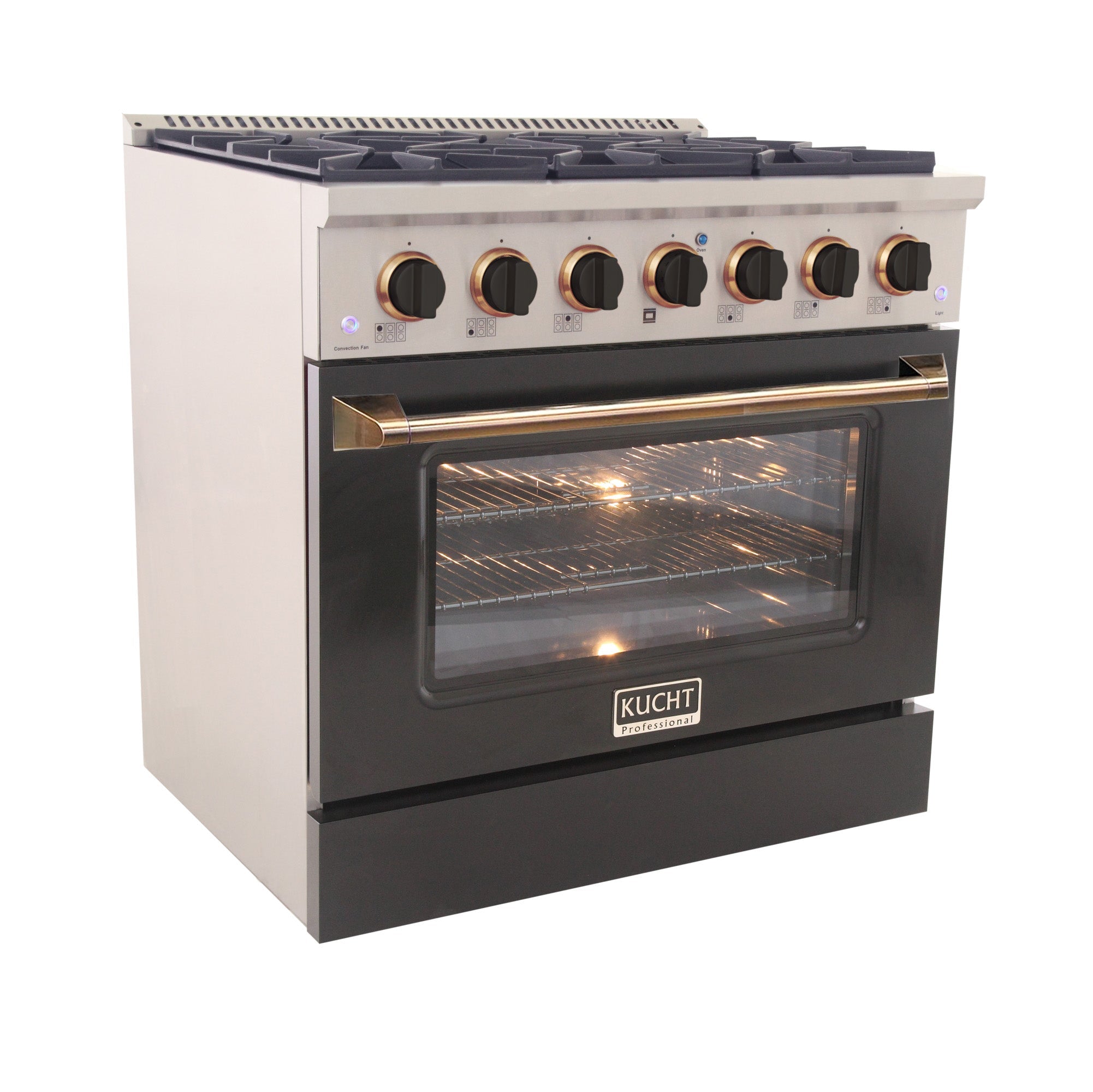 KUCHT Professional 36 in. 5.2 cu. ft. Dual Fuel Range for Propane Gas with Sealed Burners and Convection Oven in Stainless Steel with Black Oven Door Black Knobs and Gold Knob Rings