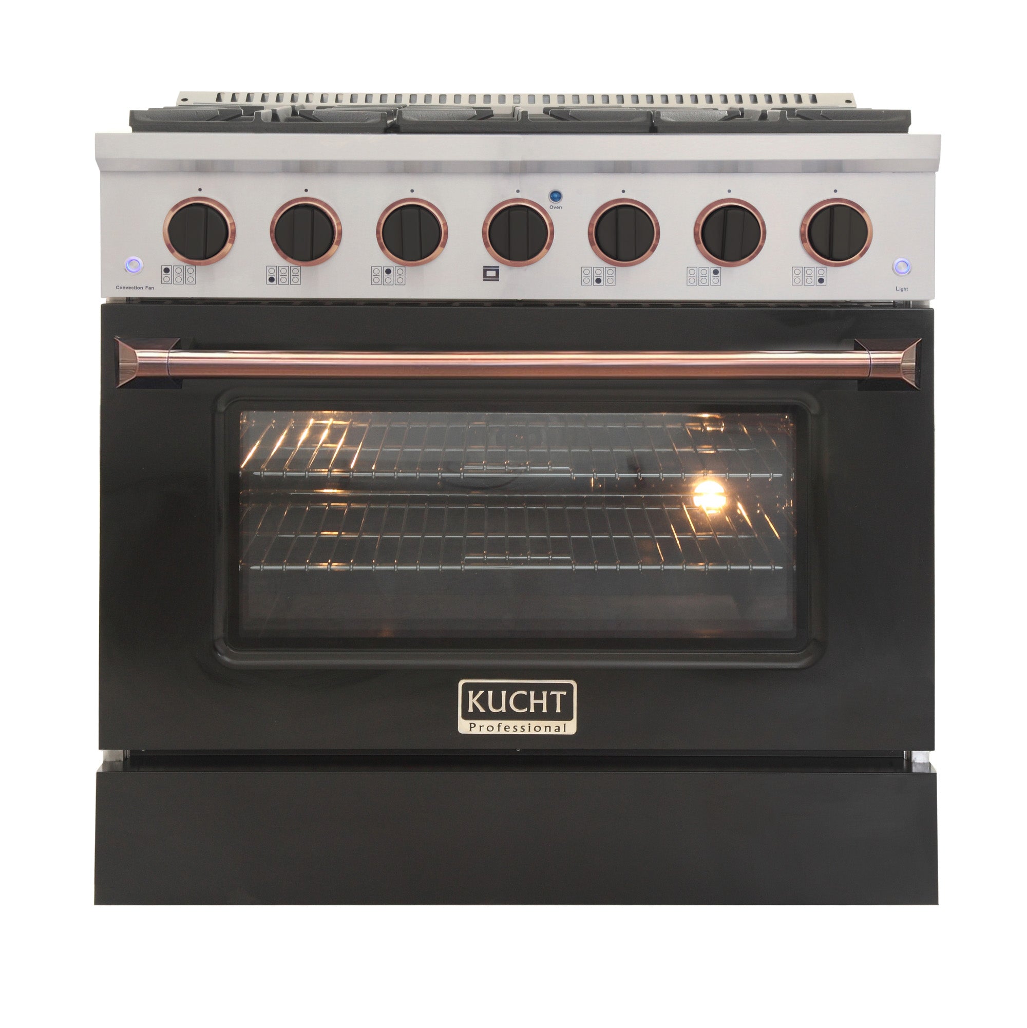 KUCHT Professional 36 in. 5.2 cu. ft. Dual Fuel Range for Natural Gas with Sealed Burners and Convection Oven in Stainless Steel with Black Oven Door Black Knobs and Gold Knob Rings