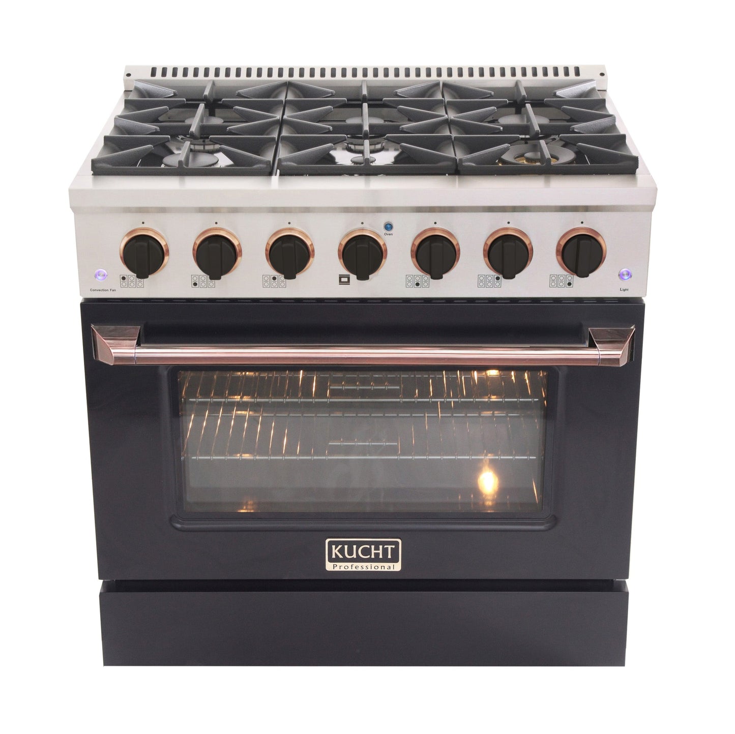 KUCHT Professional 36 in. 5.2 cu. ft. Dual Fuel Range for Natural Gas with Sealed Burners and Convection Oven in Stainless Steel with Black Oven Door Black Knobs and Gold Knob Rings