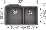Blanco 32 inch Double Bowl Undermount Kitchen Sink - 60/40