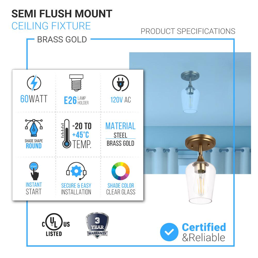 Brass Gold Semi-Flush Mount Light with Bell Shape Clear Glass Shade, E26 Base, Damp Location, Ceiling Mounting, UL Listed
