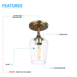 Brass Gold Semi-Flush Mount Light with Bell Shape Clear Glass Shade, E26 Base, Damp Location, Ceiling Mounting, UL Listed